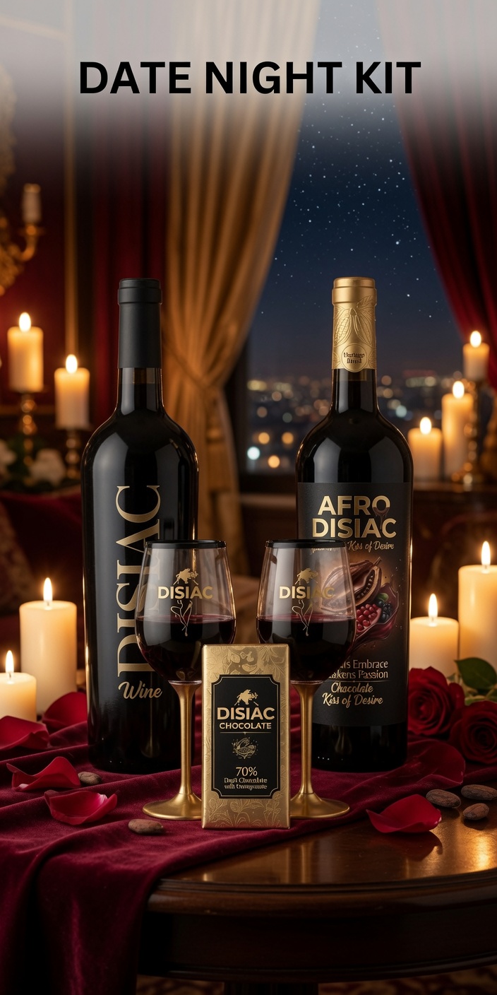 Date Night Kit with two DISIAC bottles, glasses, chocolate, roses, and candlelight